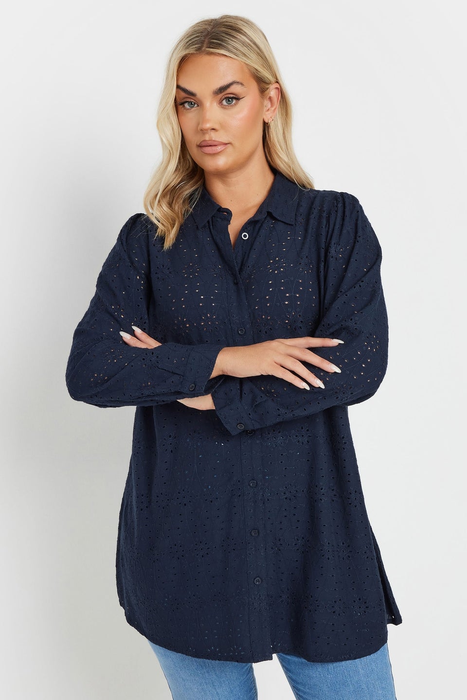 Yours Curve Navy Blue Broderie Anglaise Long Sleeve Shirt