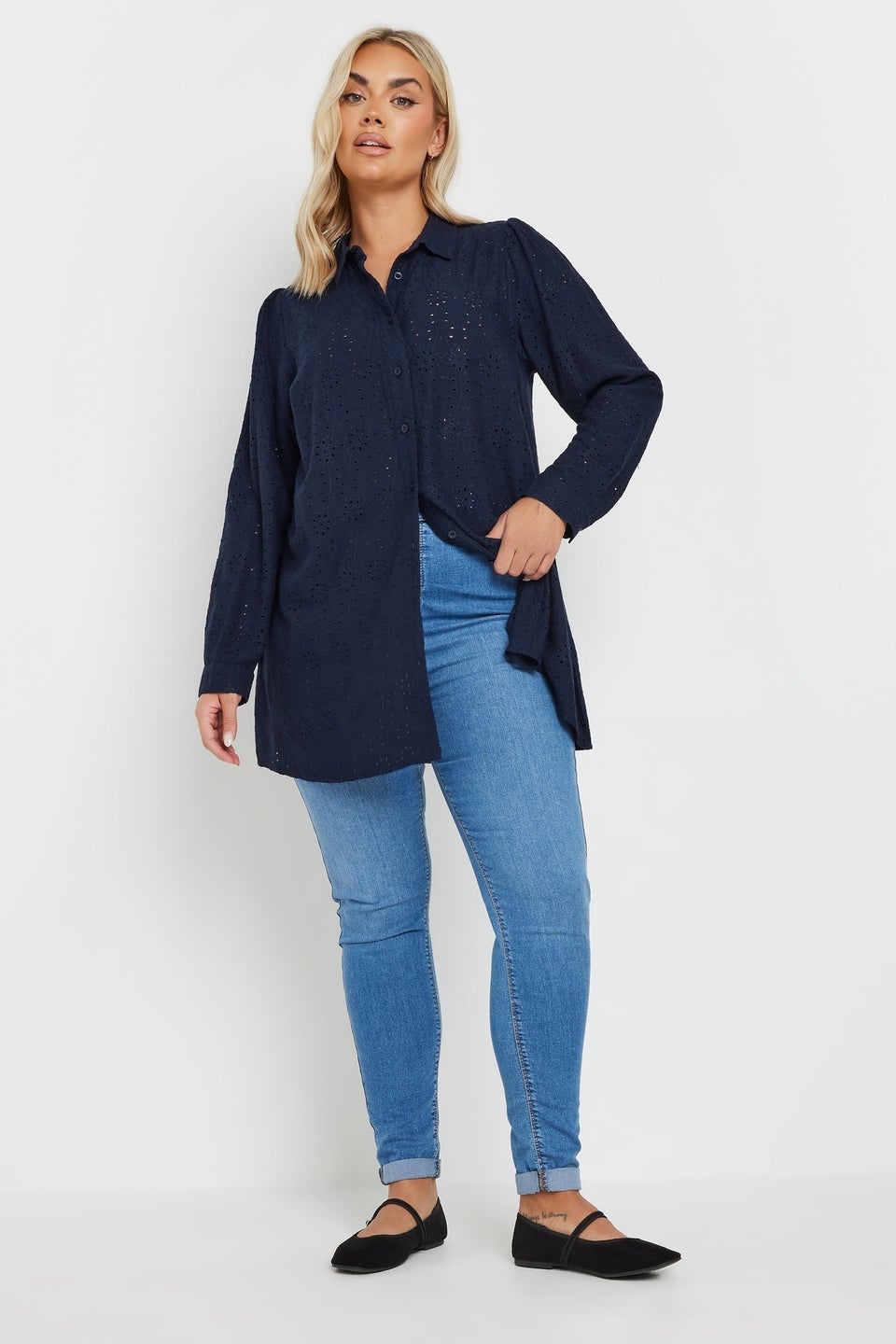 Yours Curve Navy Blue Broderie Anglaise Long Sleeve Shirt
