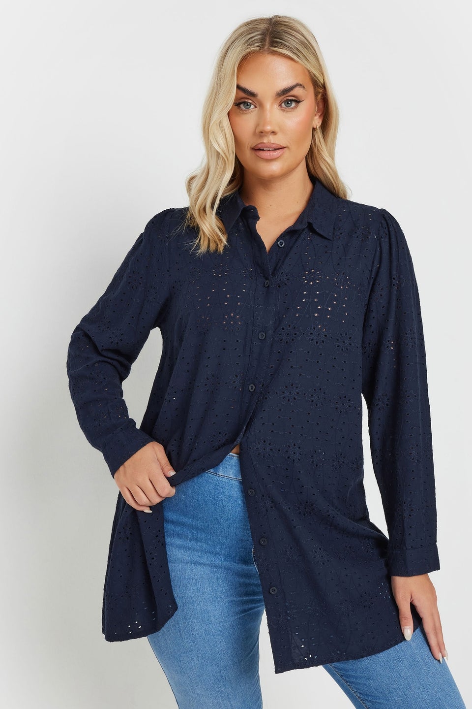 Yours Curve Navy Blue Broderie Anglaise Long Sleeve Shirt