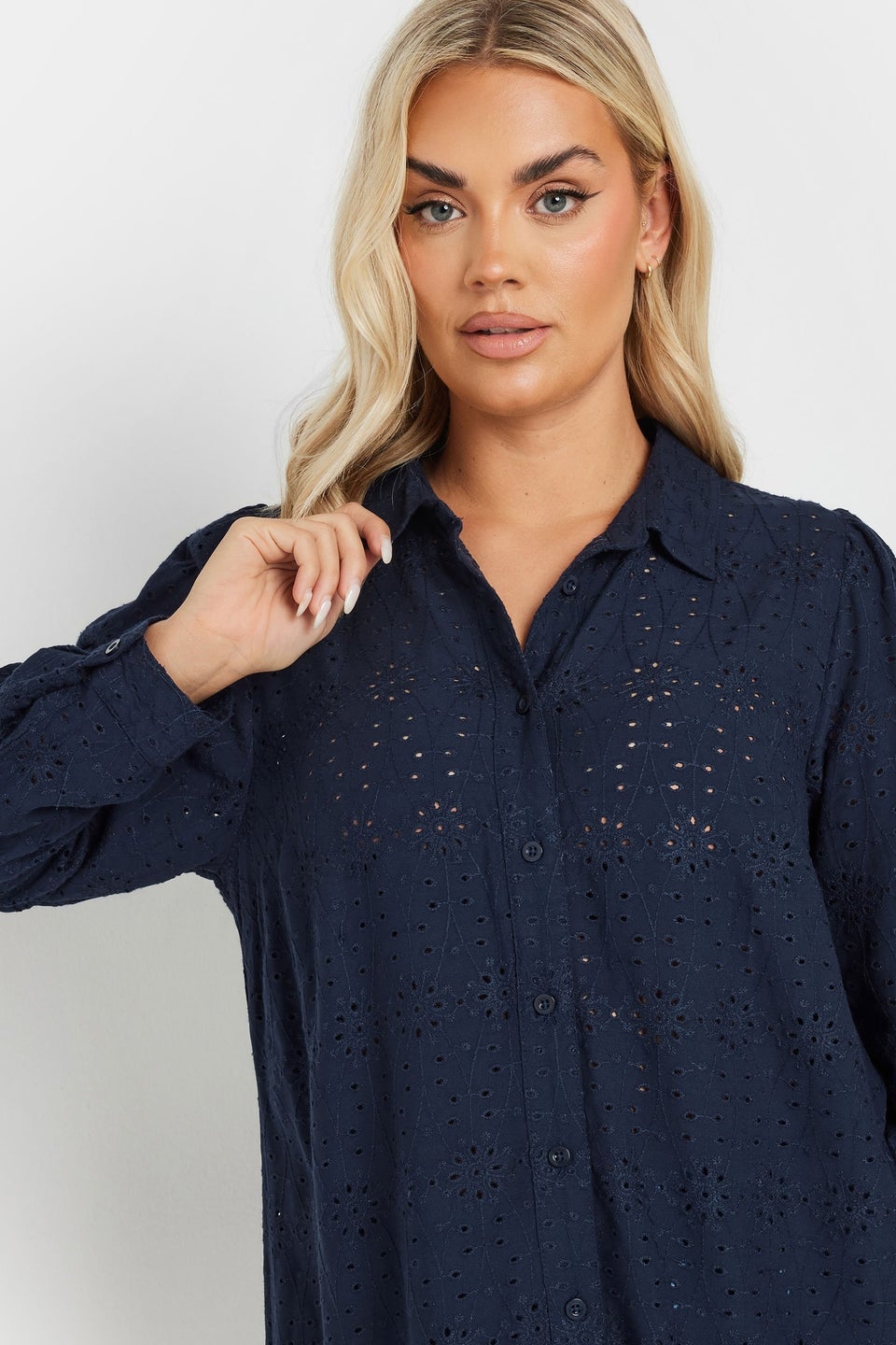 Yours Curve Navy Blue Broderie Anglaise Long Sleeve Shirt