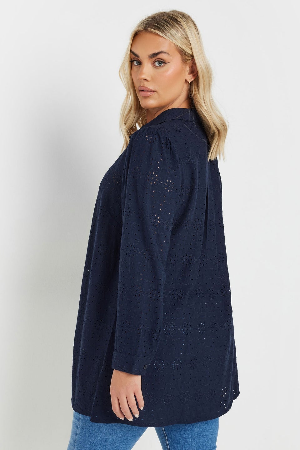 Yours Curve Navy Blue Broderie Anglaise Long Sleeve Shirt