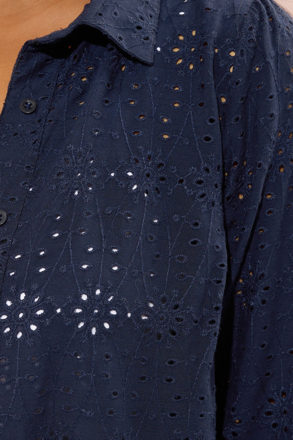 Yours Curve Navy Blue Broderie Anglaise Long Sleeve Shirt