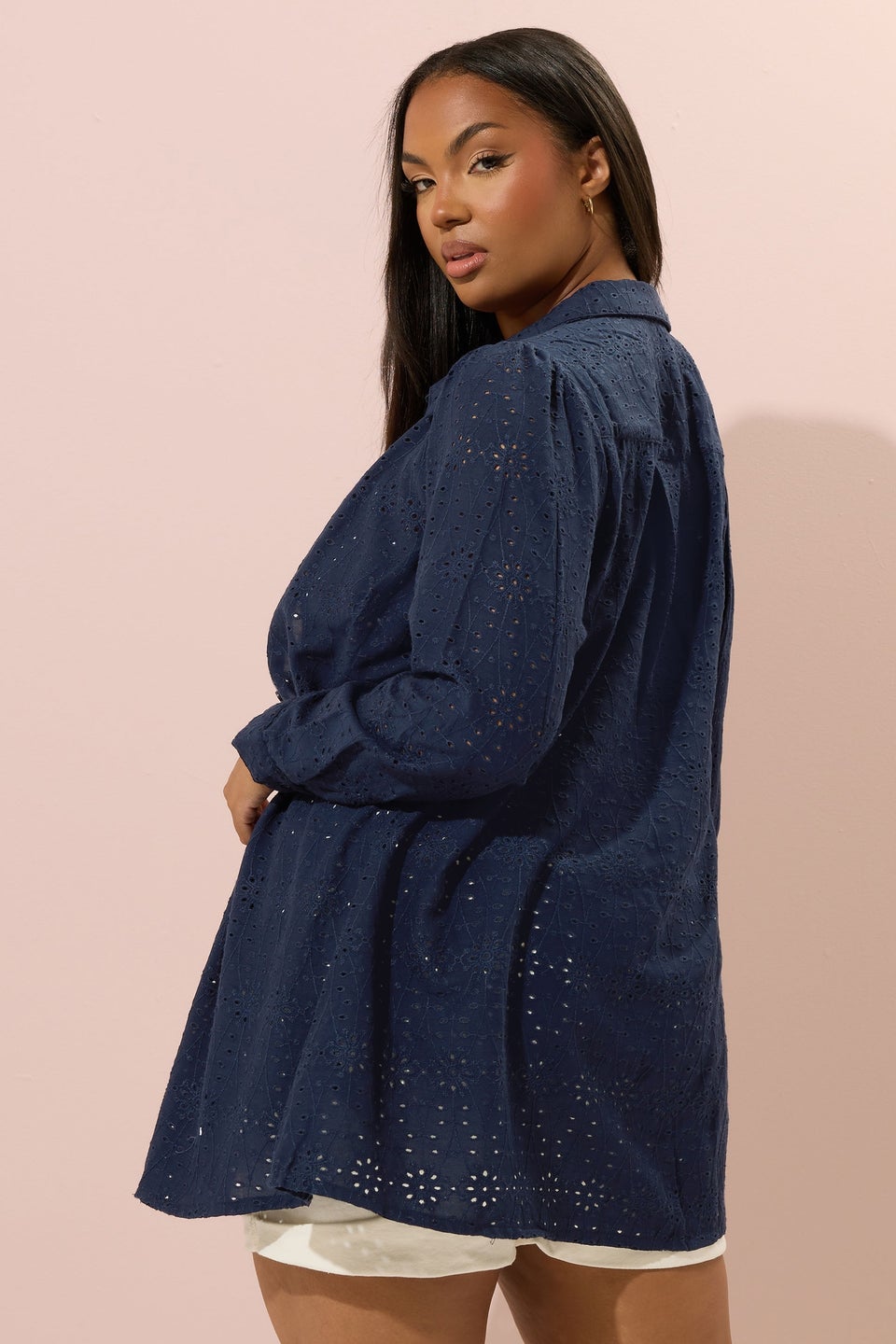 Yours Curve Navy Blue Broderie Anglaise Long Sleeve Shirt