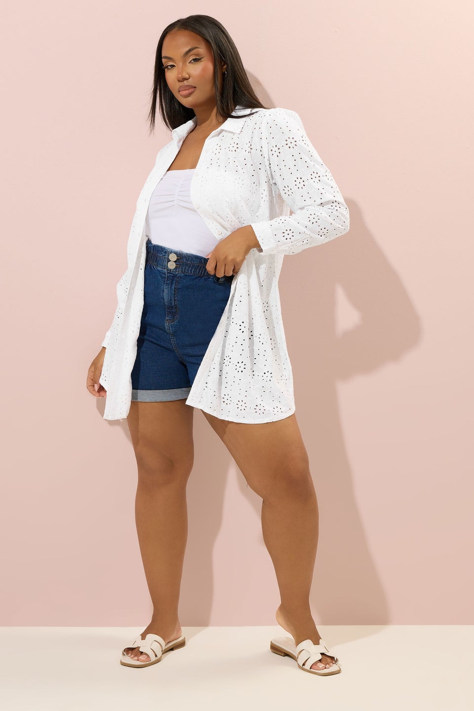 Yours Curve White Broderie Anglaise Long Sleeve Shirt
