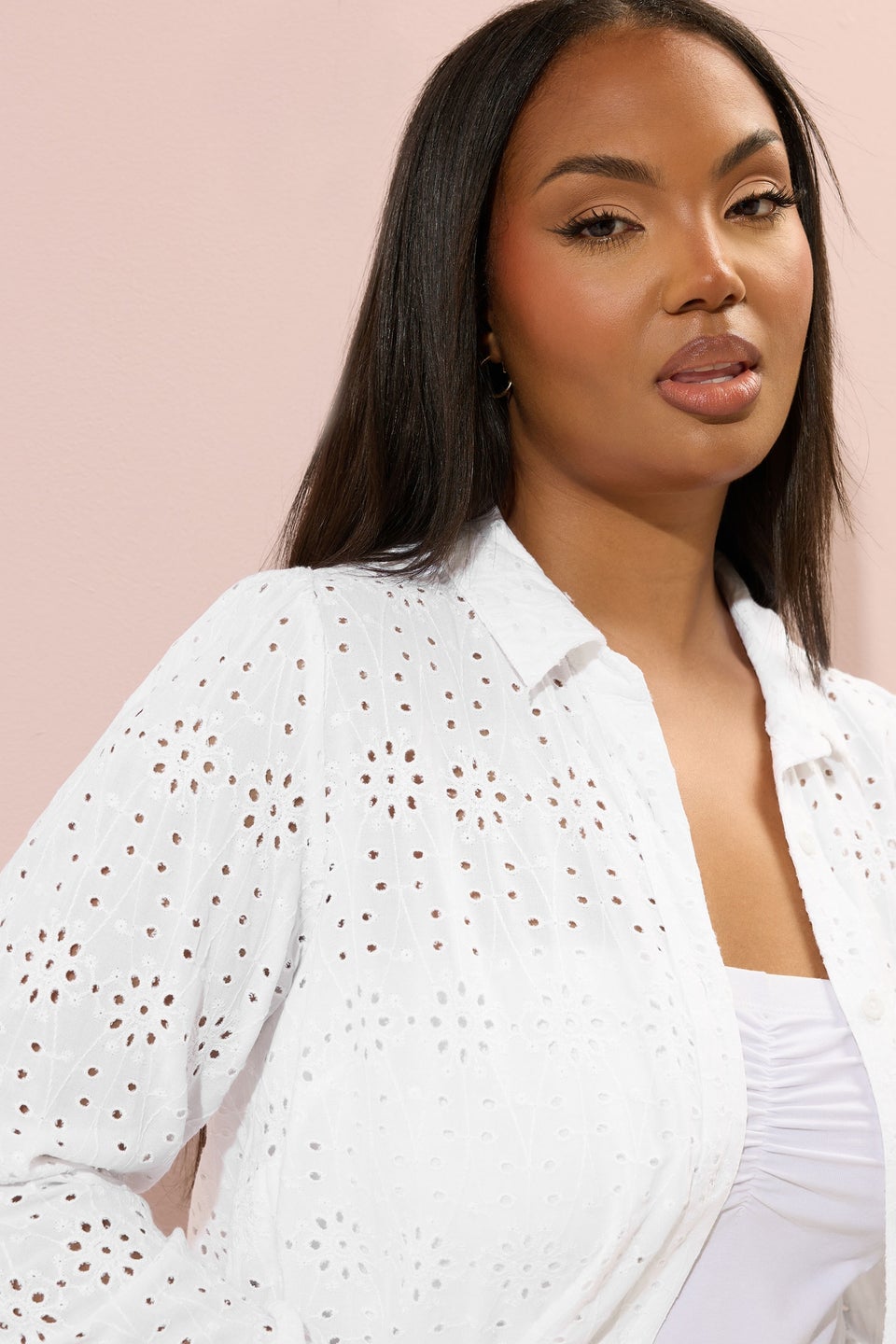 Yours Curve White Broderie Anglaise Long Sleeve Shirt