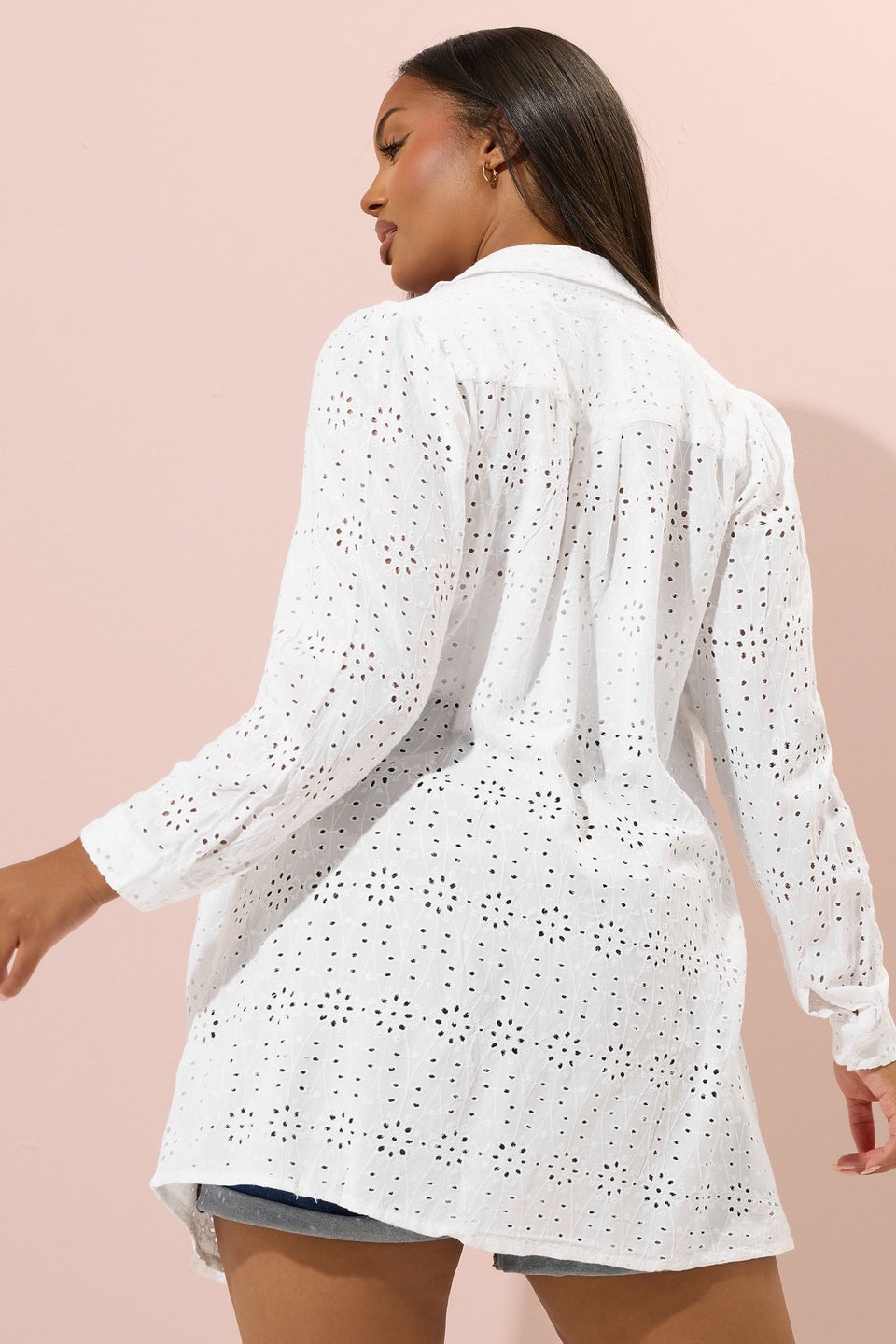 Yours Curve White Broderie Anglaise Long Sleeve Shirt