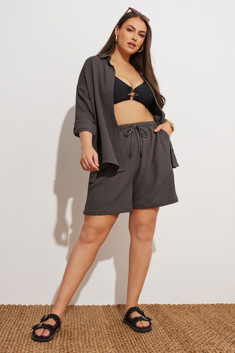 Yours Curve Chocolate Brown Textured Long Sleeve Shirt