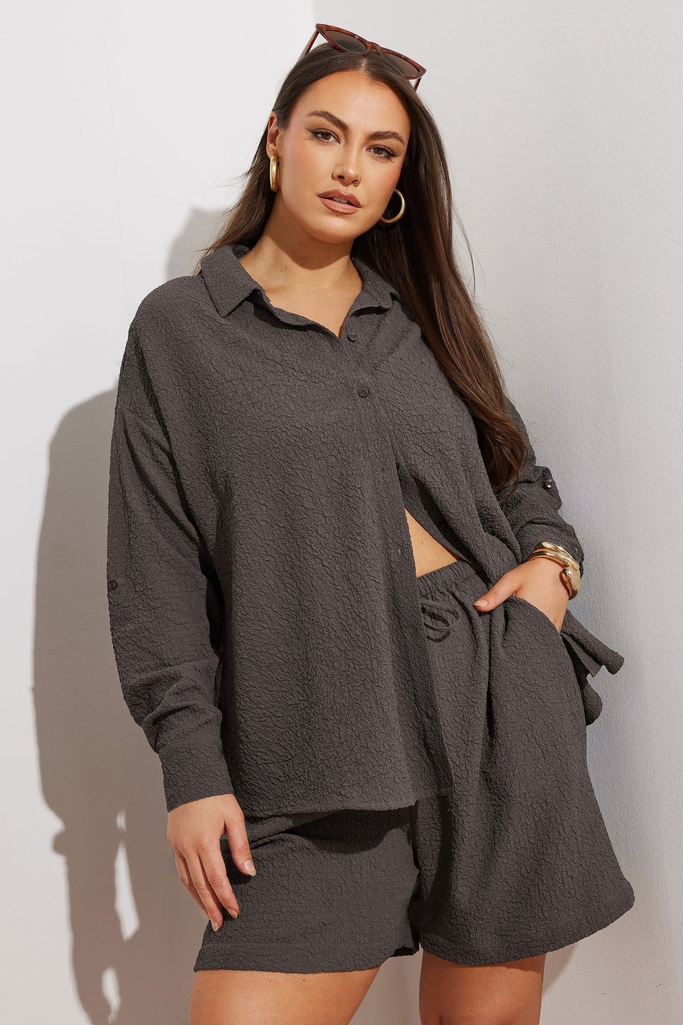 Yours Curve Chocolate Brown Textured Long Sleeve Shirt