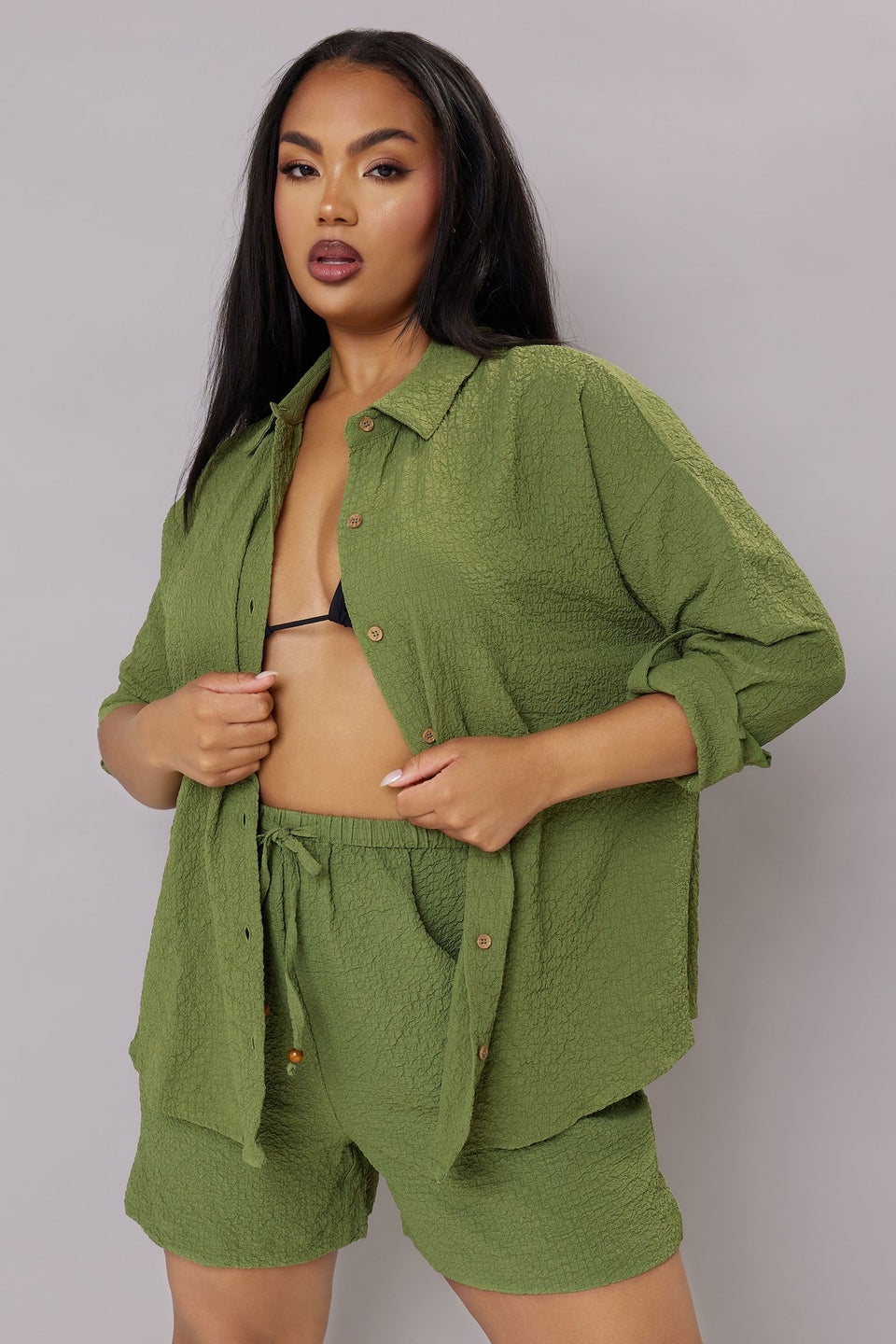 Yours Curve Khaki Green Textured Long Sleeve Shirt