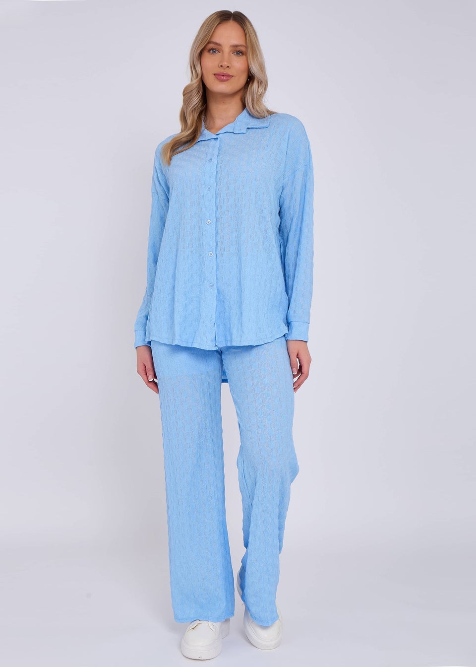 Gini London Sky Blue Textured Oversized Long Sleeves Shirt
