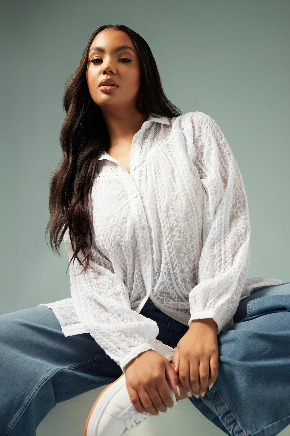 Yours Curve White Embroidered Shirt