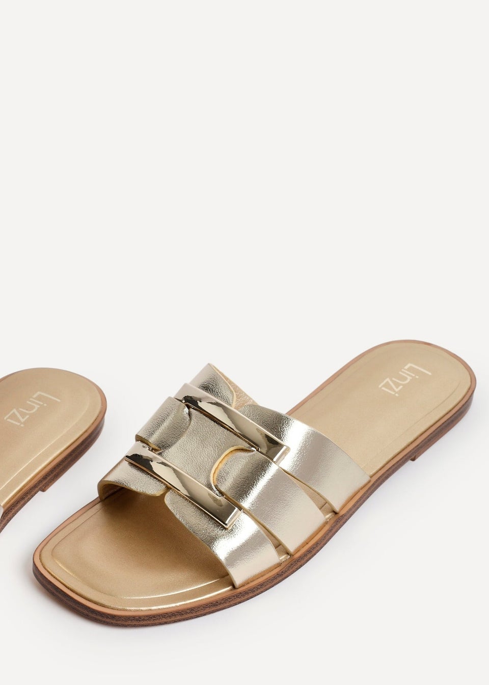 Linzi Kenna Gold Faux Leather Buckle Flat Slider Sandal