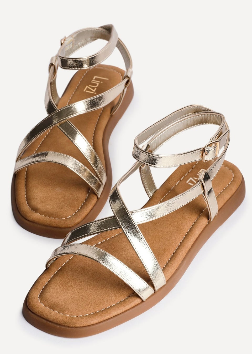 Linzi Valor Gold Faux Leather Strappy Flat Sandals