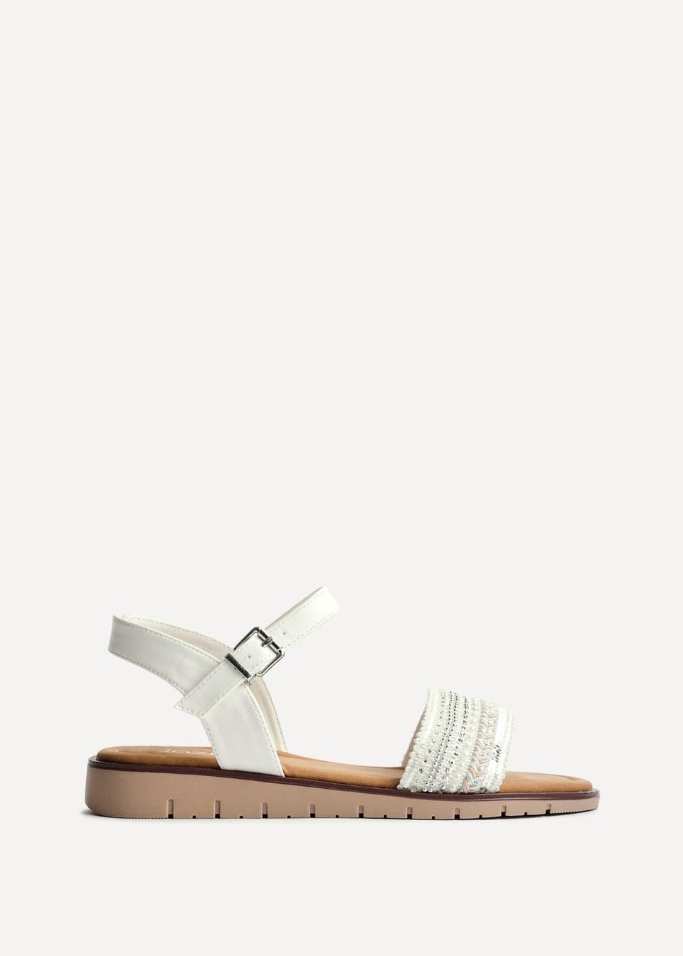 Linzi Topaz Wide Fit White Raffia Embellished Flat Sandals