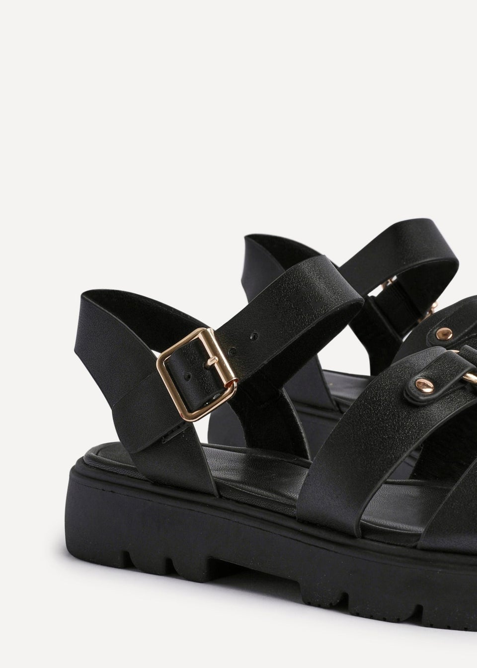 Linzi Hattie Black Faux Leather Studded Gladiator Chunky Sandals