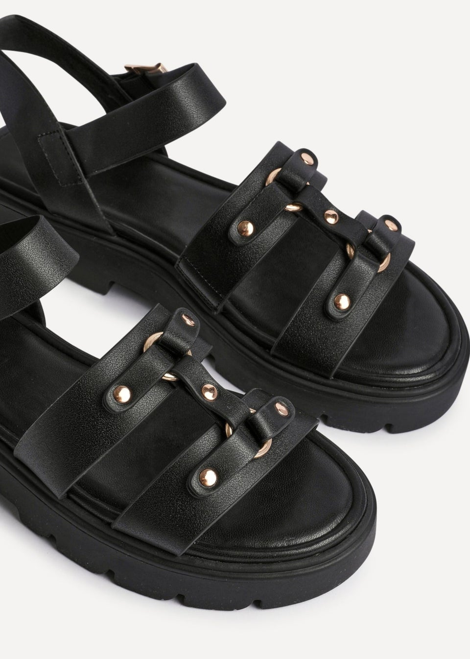 Linzi Hattie Black Faux Leather Studded Gladiator Chunky Sandals