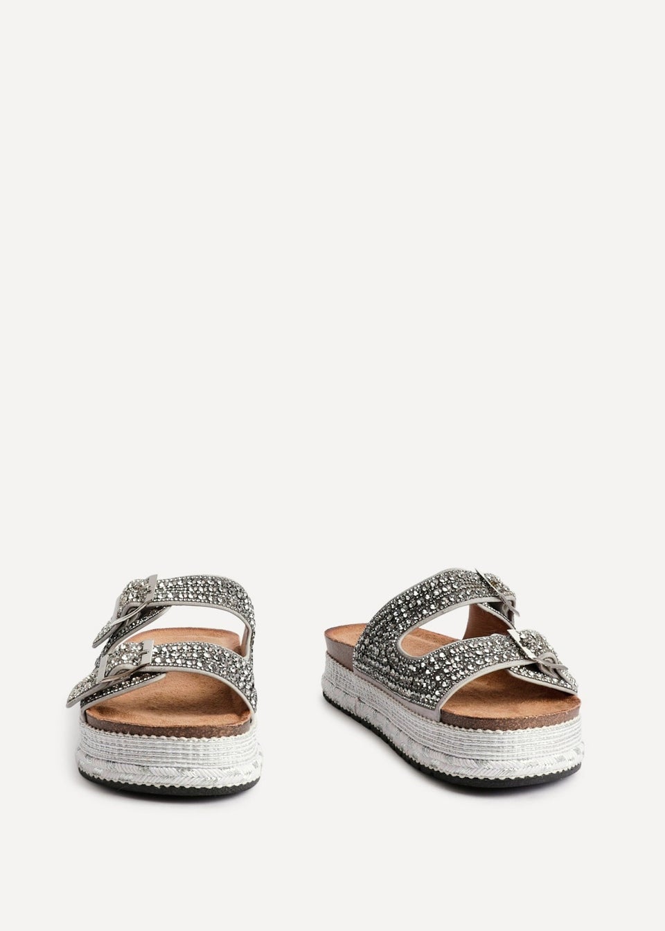 Linzi Glitzy Silver Diamante Double Buckle Flatform Slider Sandal