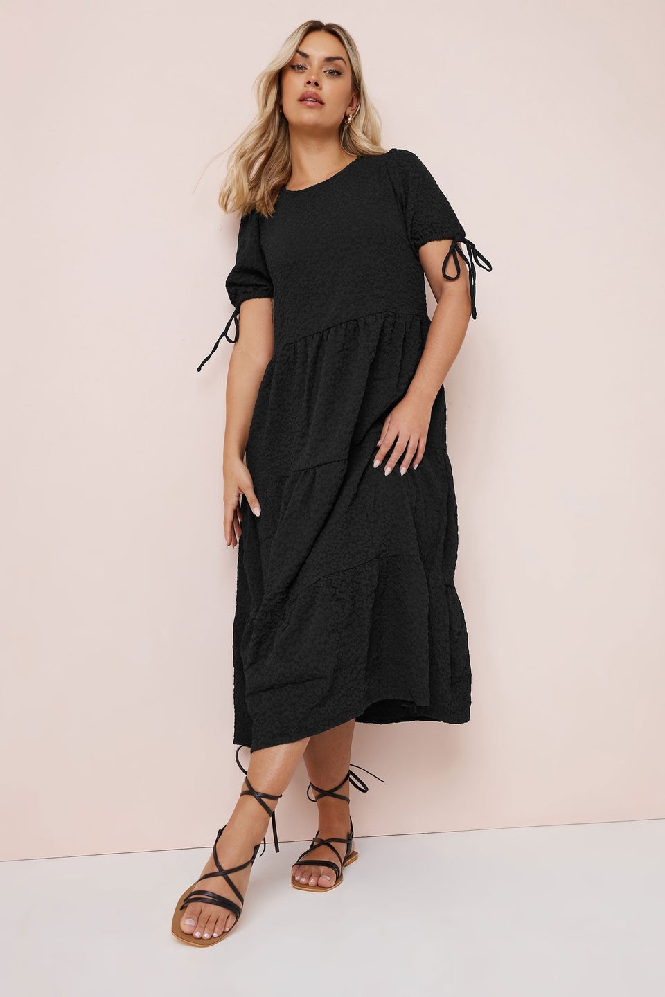 Yours Curve Black Textured Ditsy Floral Tie Back Dress