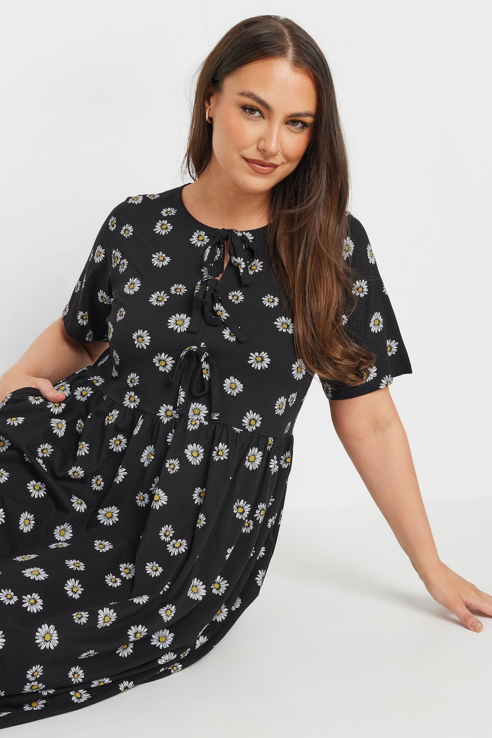 Yours Curve Black Daisy Print Bow Tie Front Dress