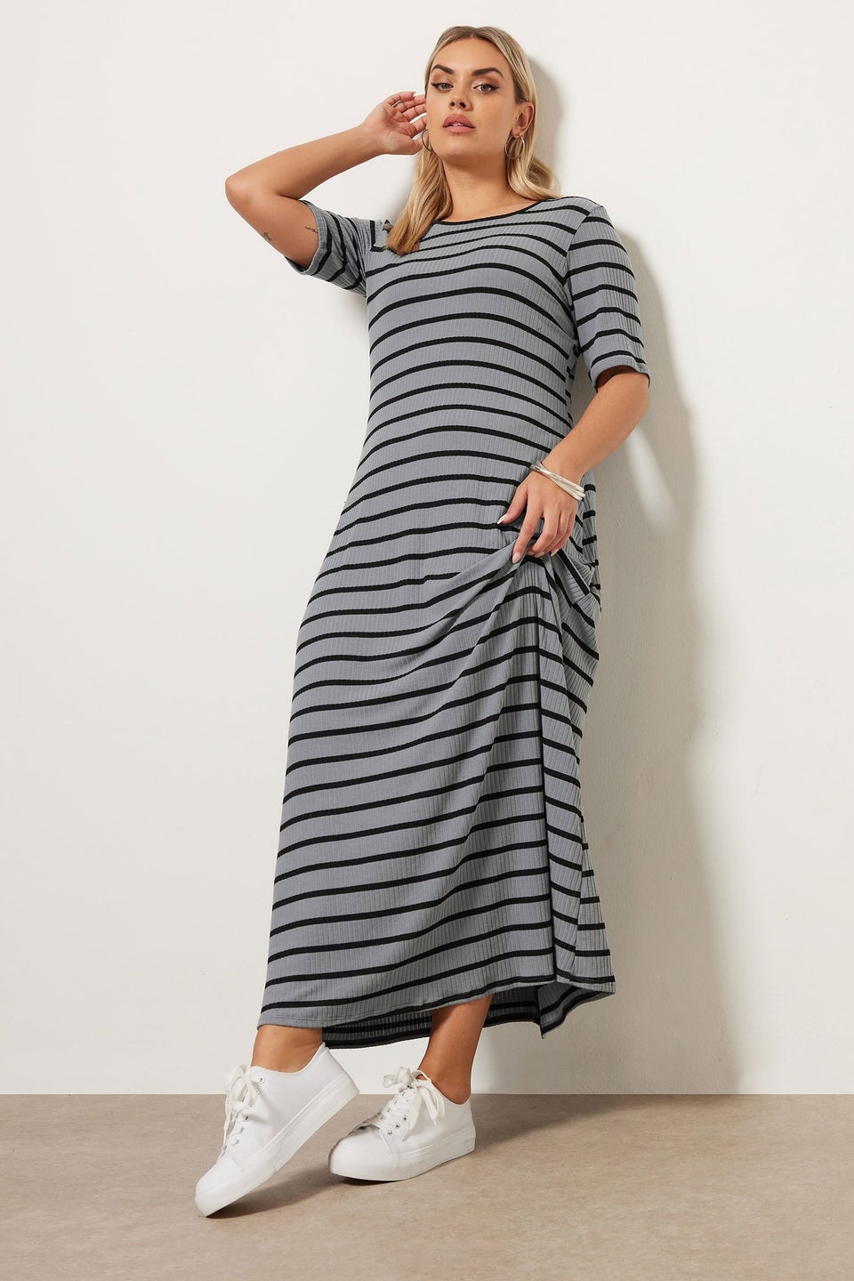 Yours Curve Grey Stripe Ribbed Maxi Dress
