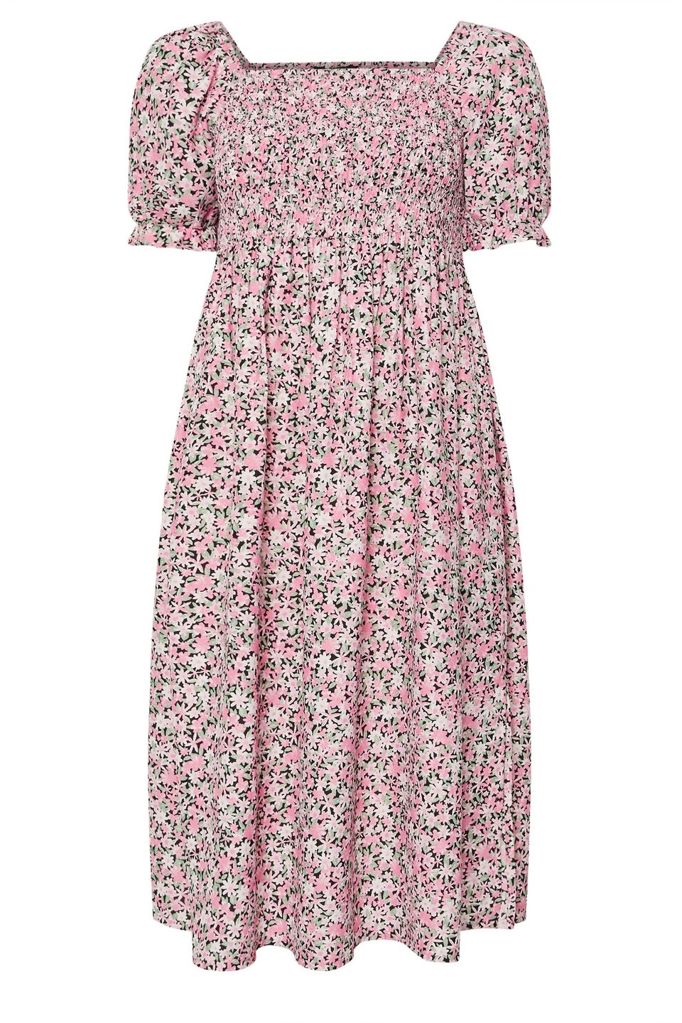 Yours Curve Pink Floral Shirred Square Neck Midaxi Dress