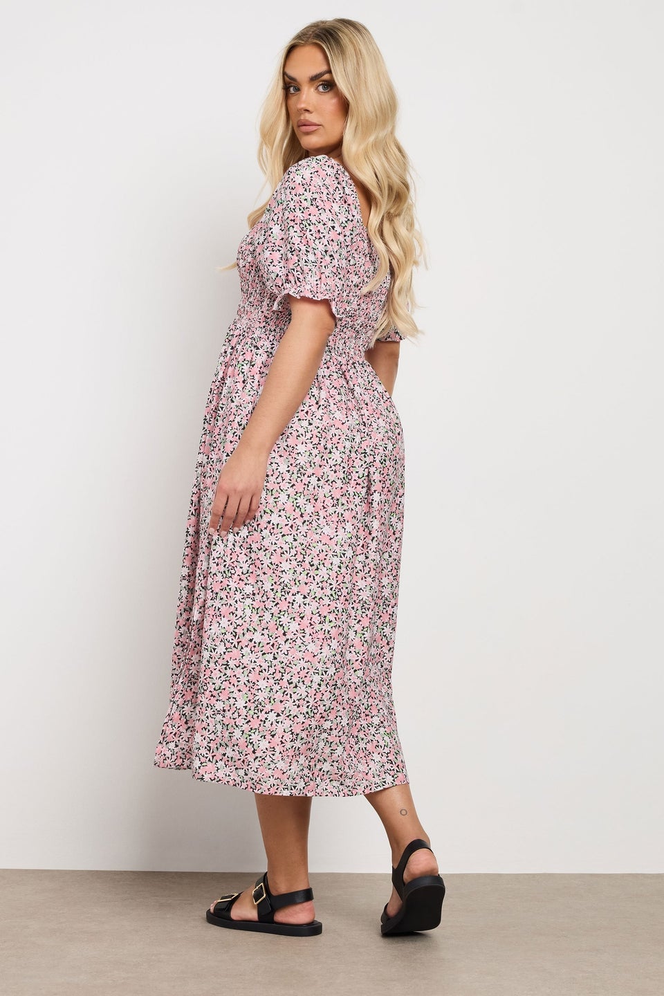Yours Curve Pink Floral Shirred Square Neck Midaxi Dress