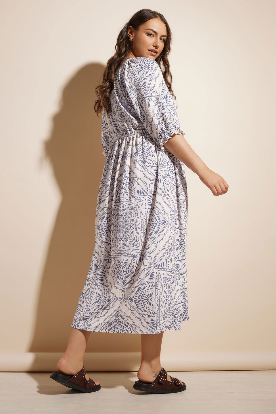 Yours Curve Blue Paisley Print Textured V Neck Dress