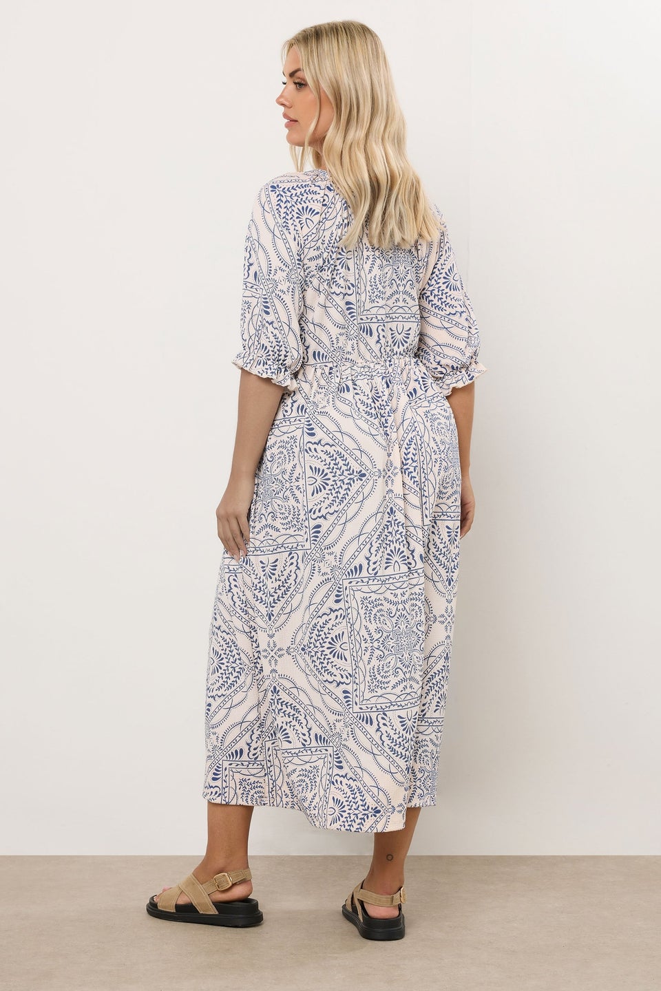 Yours Curve Blue Paisley Print Textured V Neck Dress