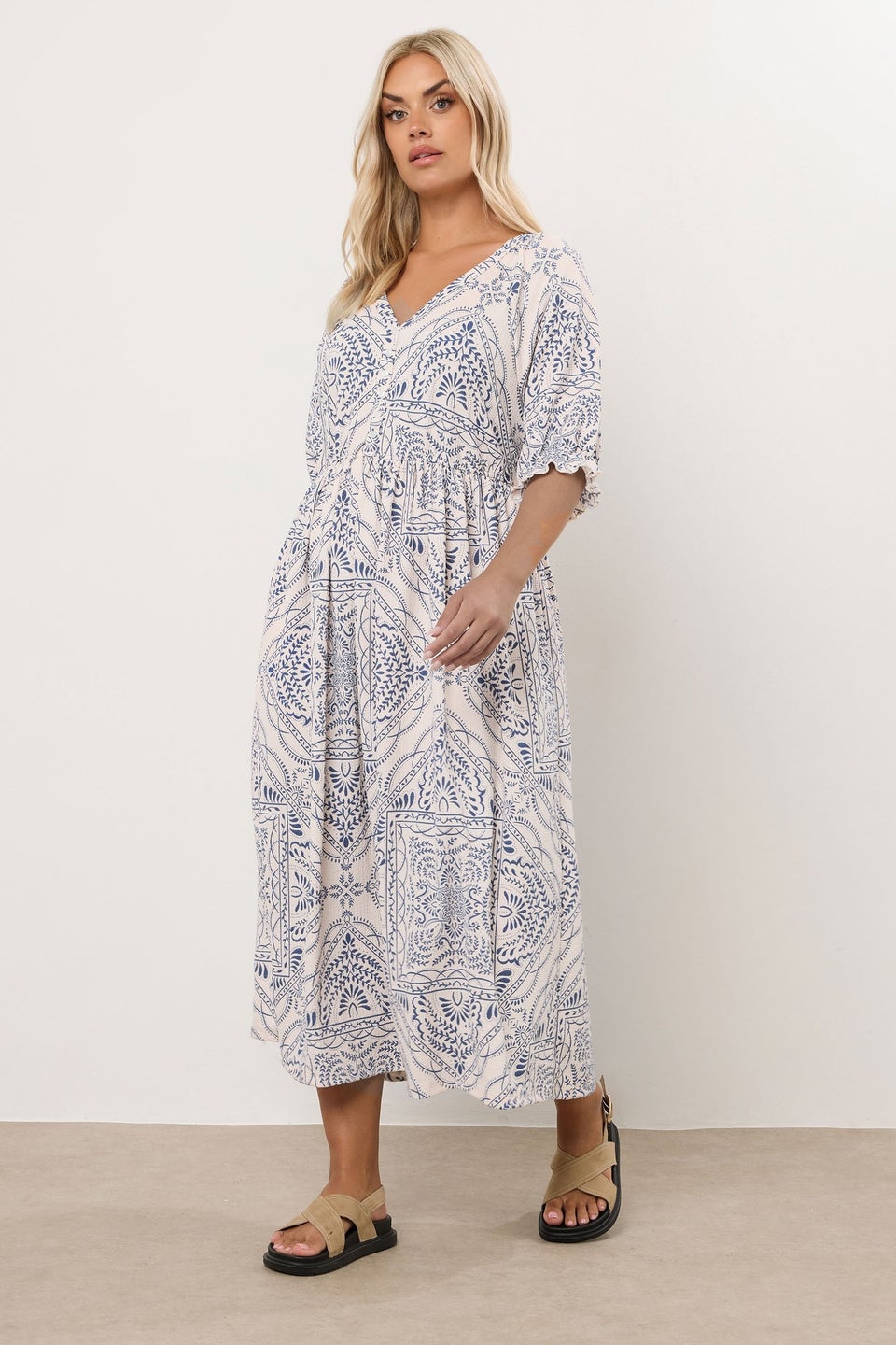 Yours Curve Blue Paisley Print Textured V Neck Dress