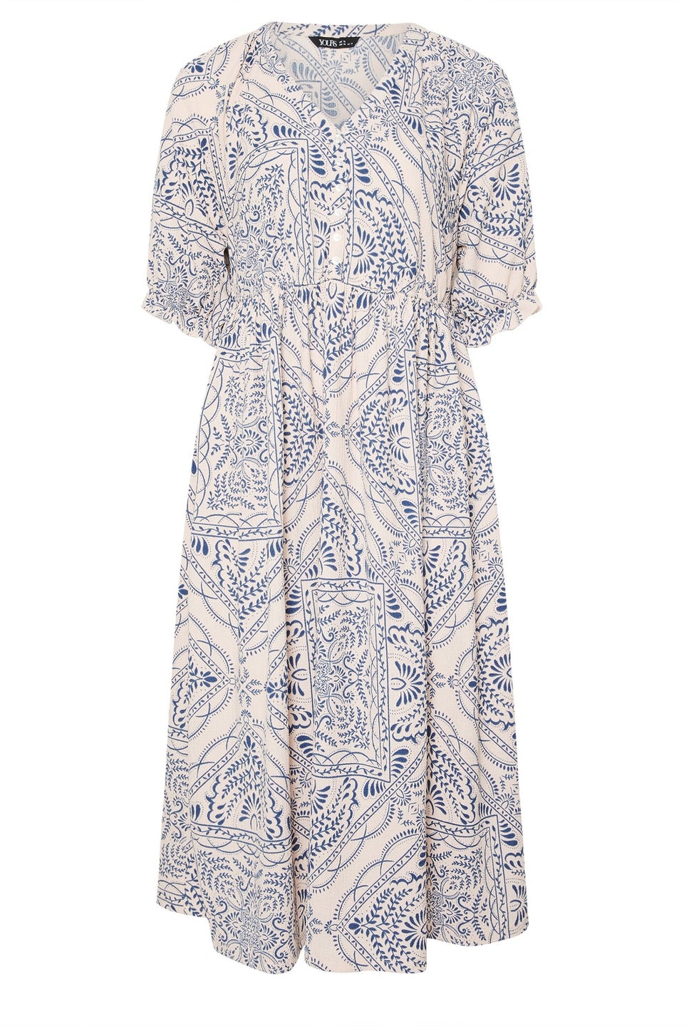 Yours Curve Blue Paisley Print Textured V Neck Dress