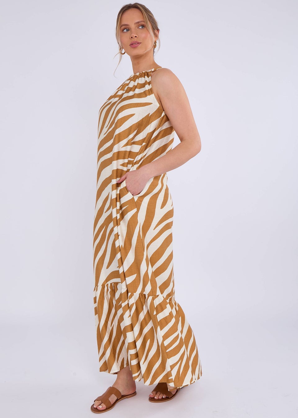 Gini London Brown Zebra Print Halter Neck Maxi Dress