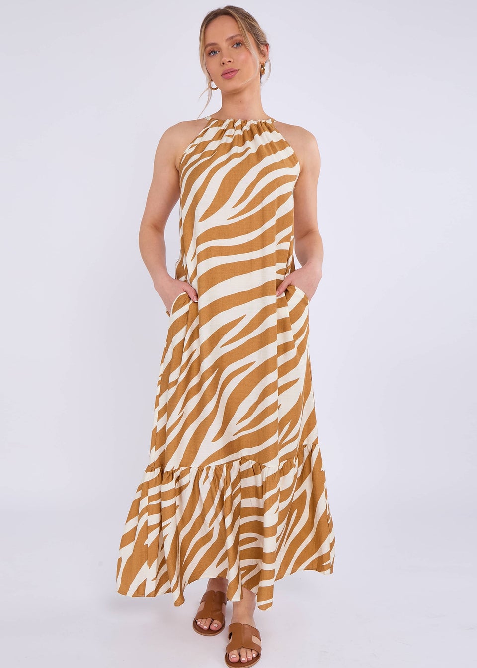 Gini London Brown Zebra Print Halter Neck Maxi Dress