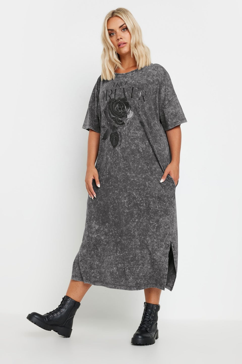 Yours Curve Grey Rose Graphic Print T Shirt Dress