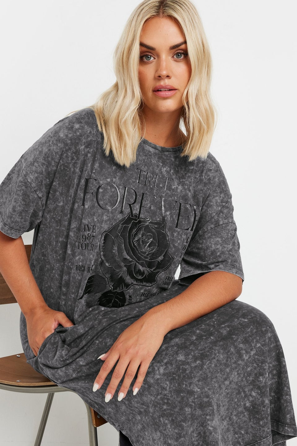 Yours Curve Grey Rose Graphic Print T Shirt Dress