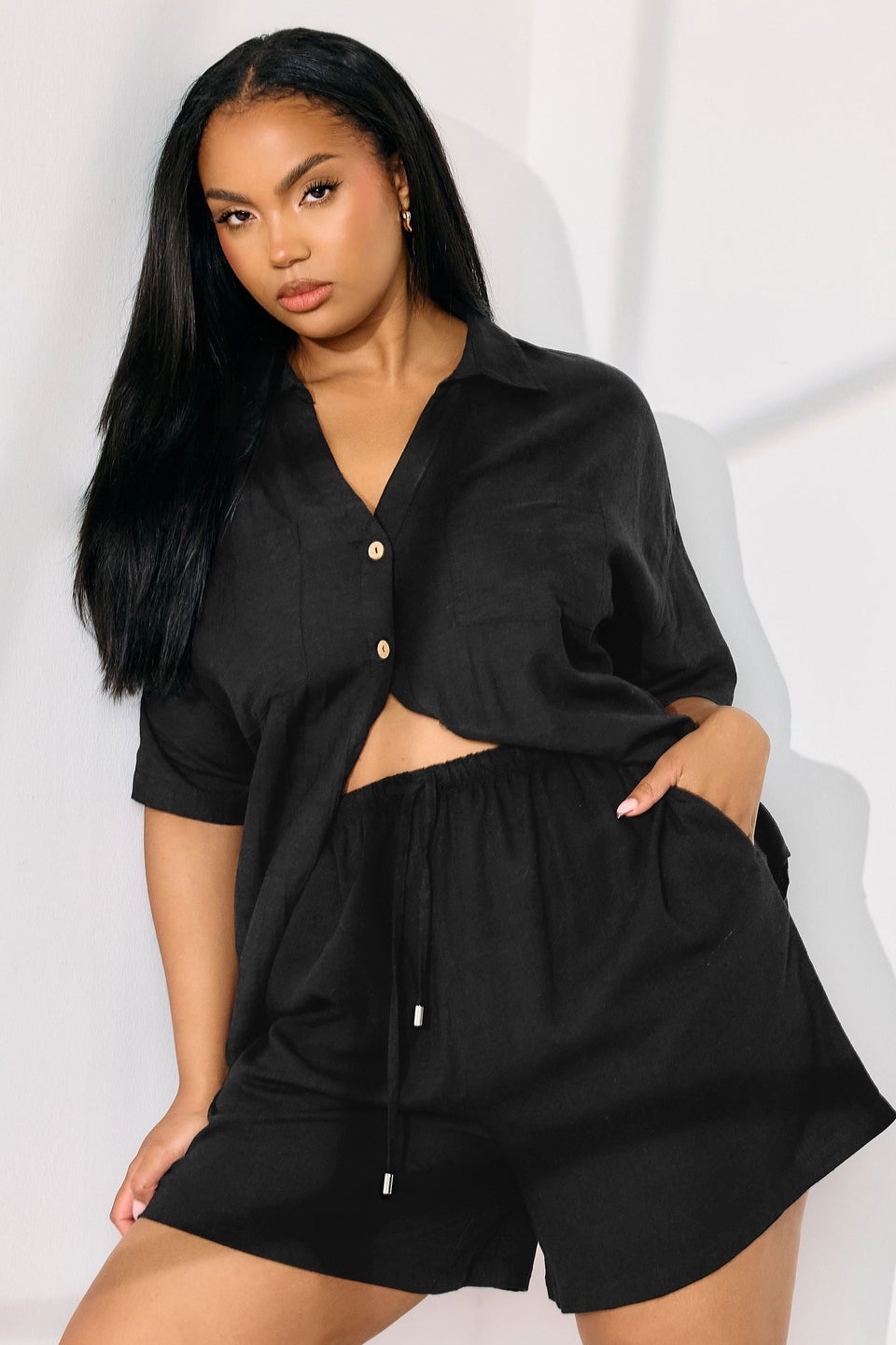 Yours Curve Black Tie Front Linen Shorts