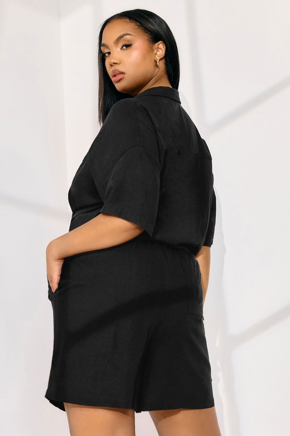 Yours Curve Black Tie Front Linen Shorts