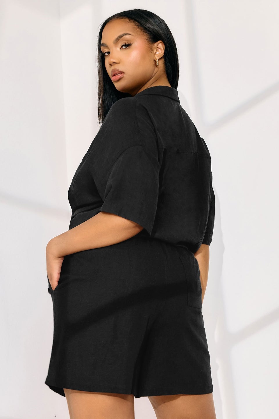 Yours Curve Black Tie Front Linen Shorts