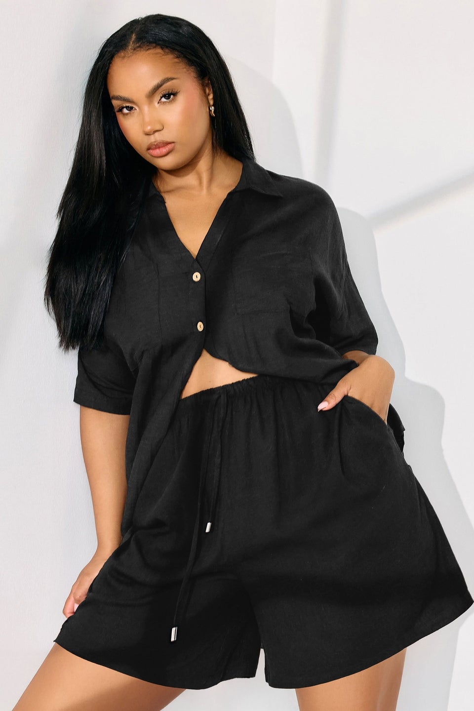 Yours Curve Black Tie Front Linen Shorts