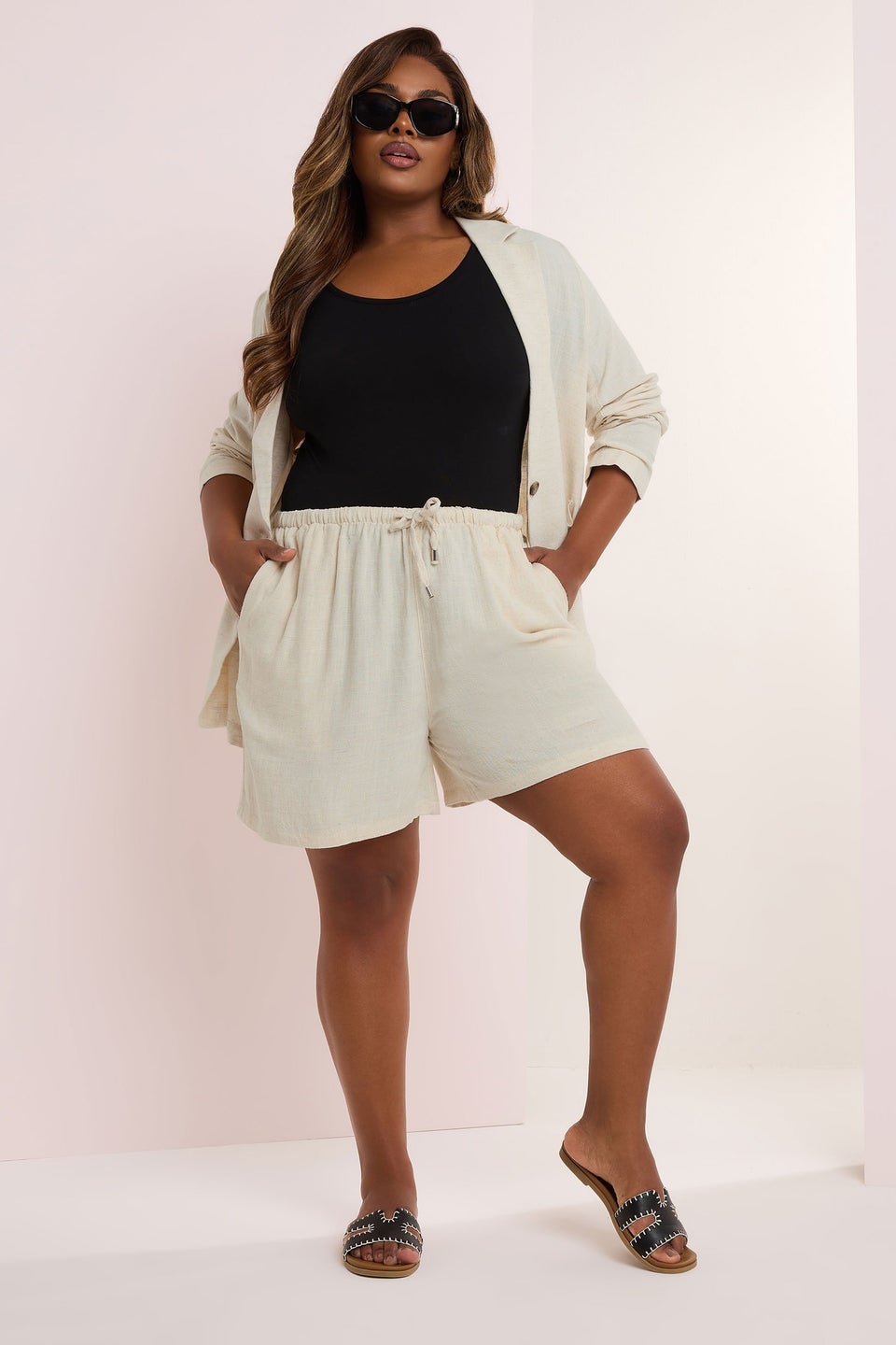 Yours Curve Natural Brown Tie Front Linen Shorts