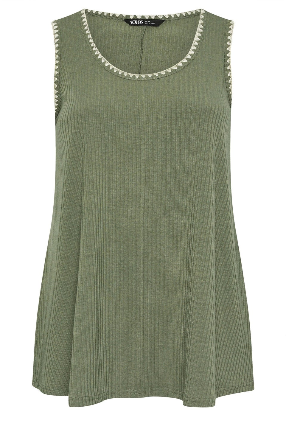 Yours Curve Khaki Green Contrast Blanket Stitch Ribbed Vest Top