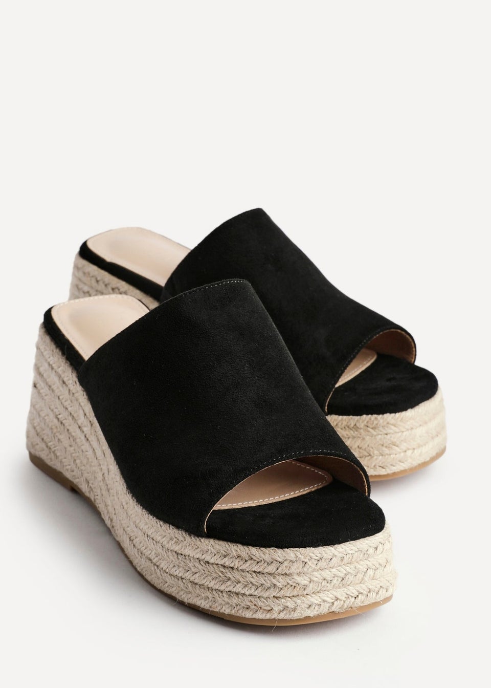 Linzi Espresso Black Faux Suede Espadrille Inspired Mule Wedges