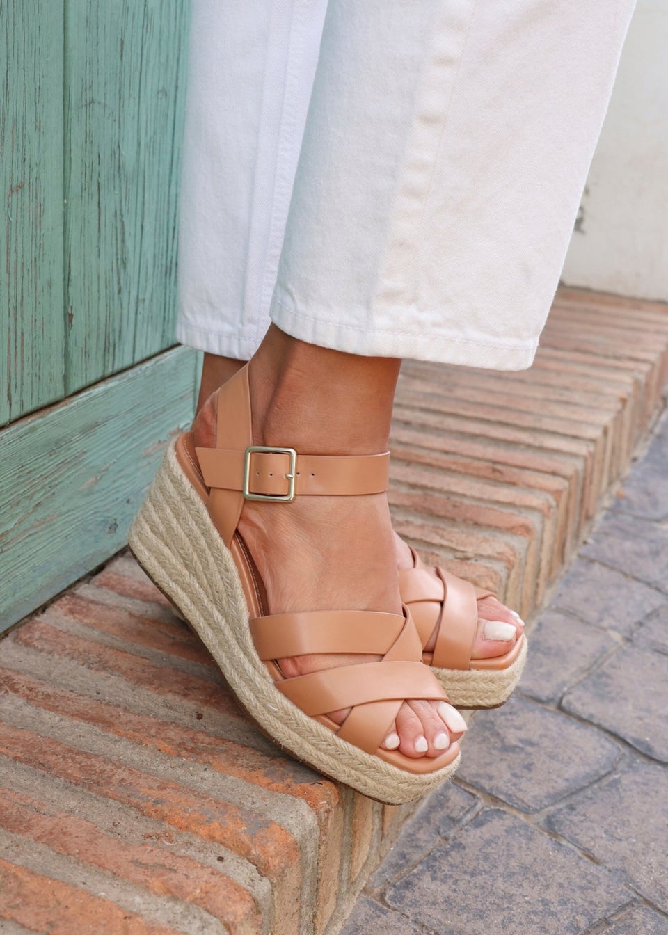 Linzi Sheena Tan Faux Leather Crossover Espadrille Platform Wedge