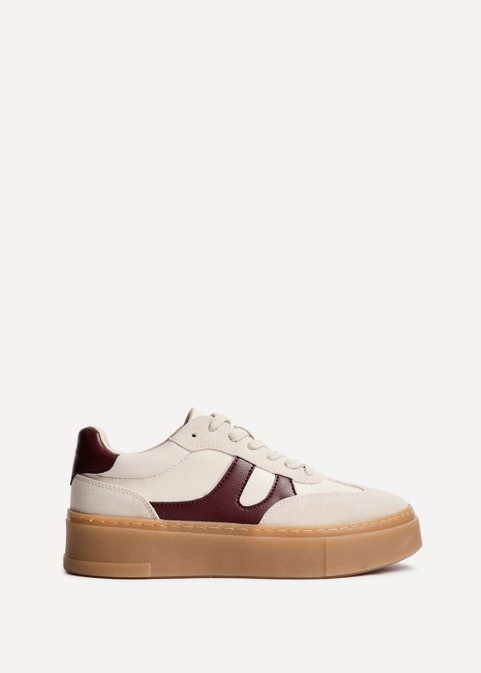 Linzi Kaia Sand & Burgundy Faux Leather Lace Up Flatform Trainers