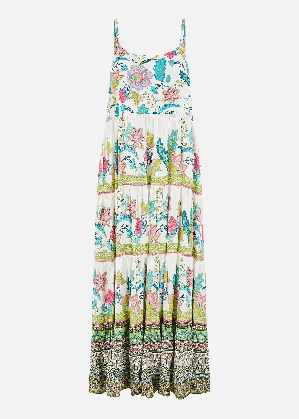 Yumi White Floral Block Print Tiered Maxi Sun Dress