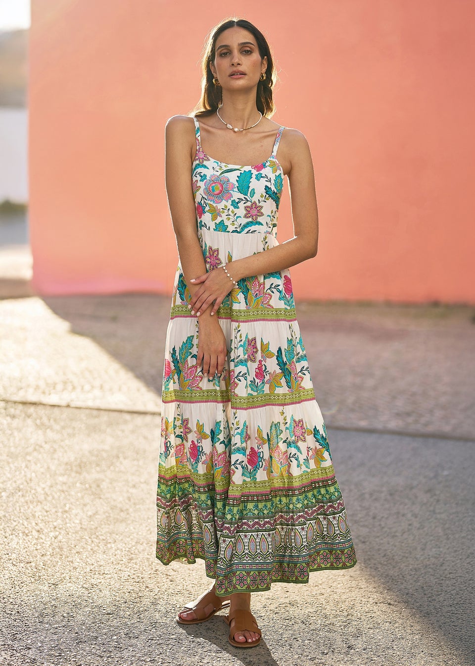 Yumi White Floral Block Print Tiered Maxi Sun Dress