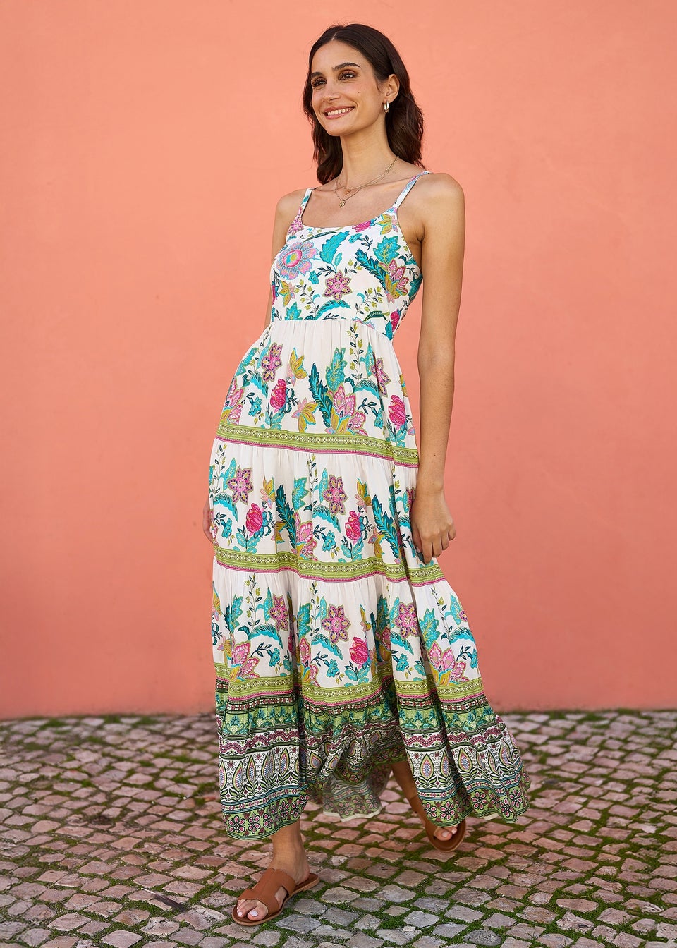 Yumi White Floral Block Print Tiered Maxi Sun Dress