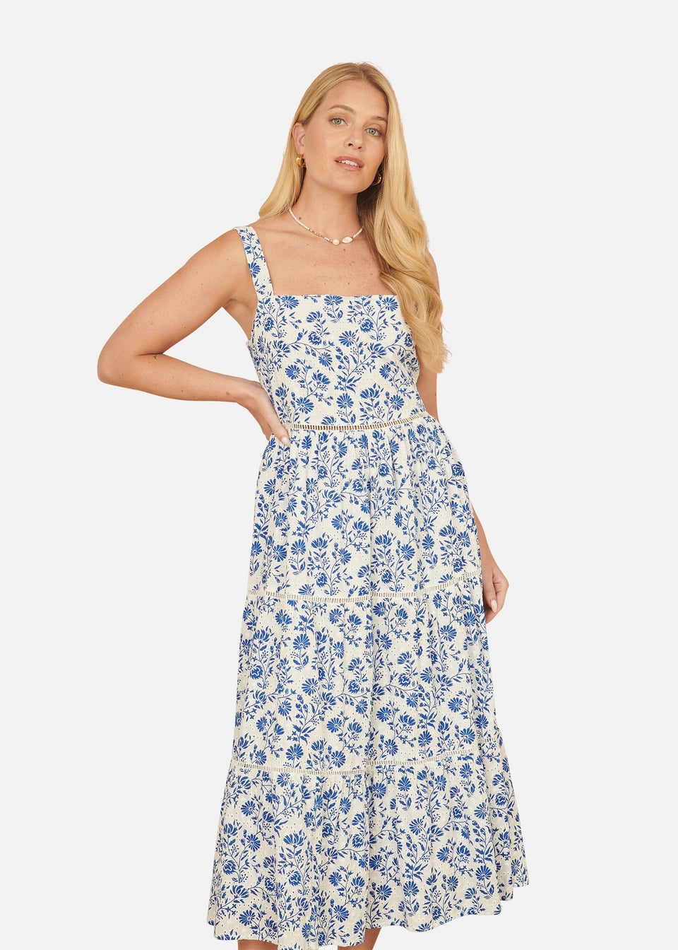 Yumi Blue Floral Broderie Anglaise Midi Sun Dress