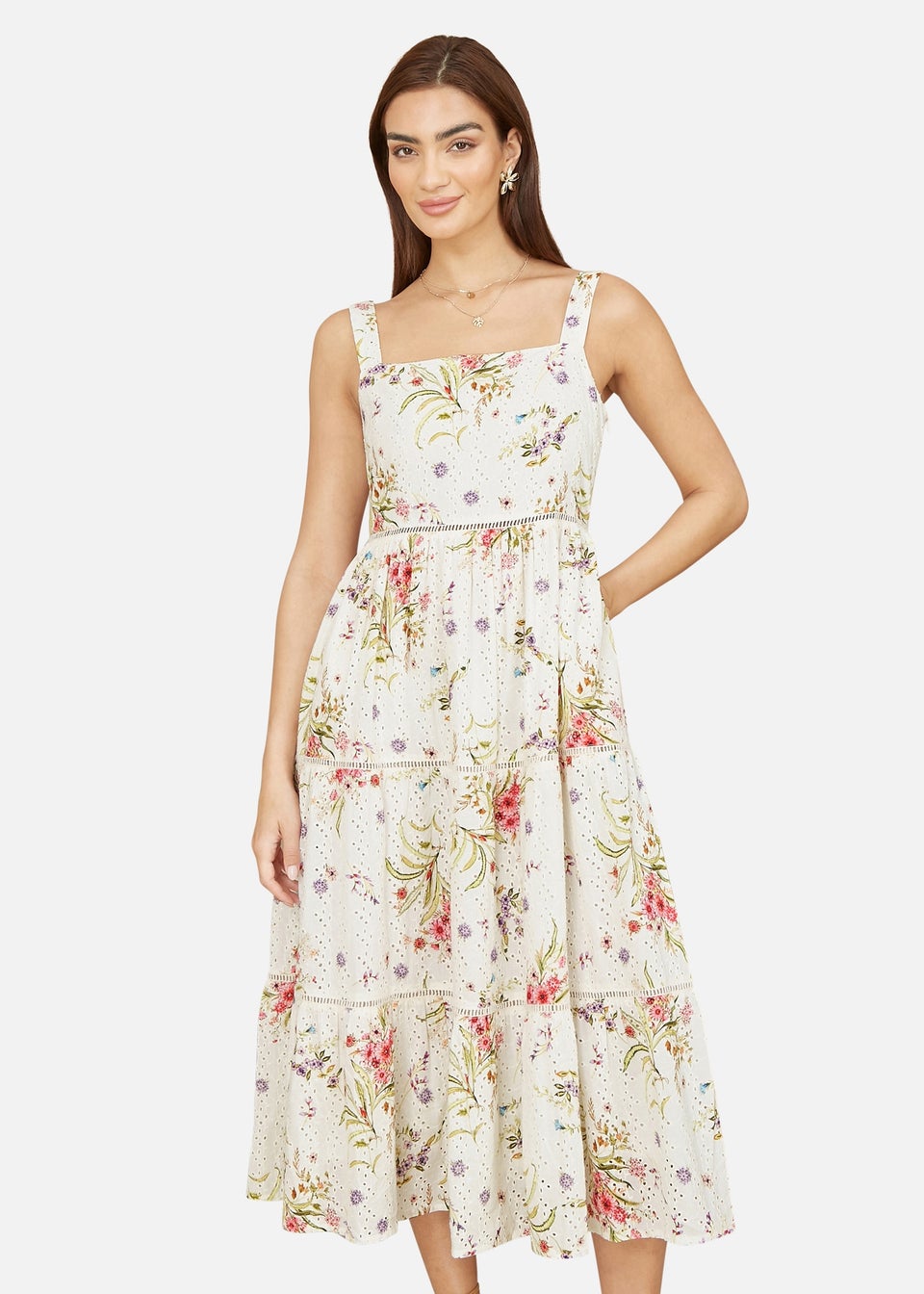 Yumi White Floral Broderie Anglaise Midi Sun Dress