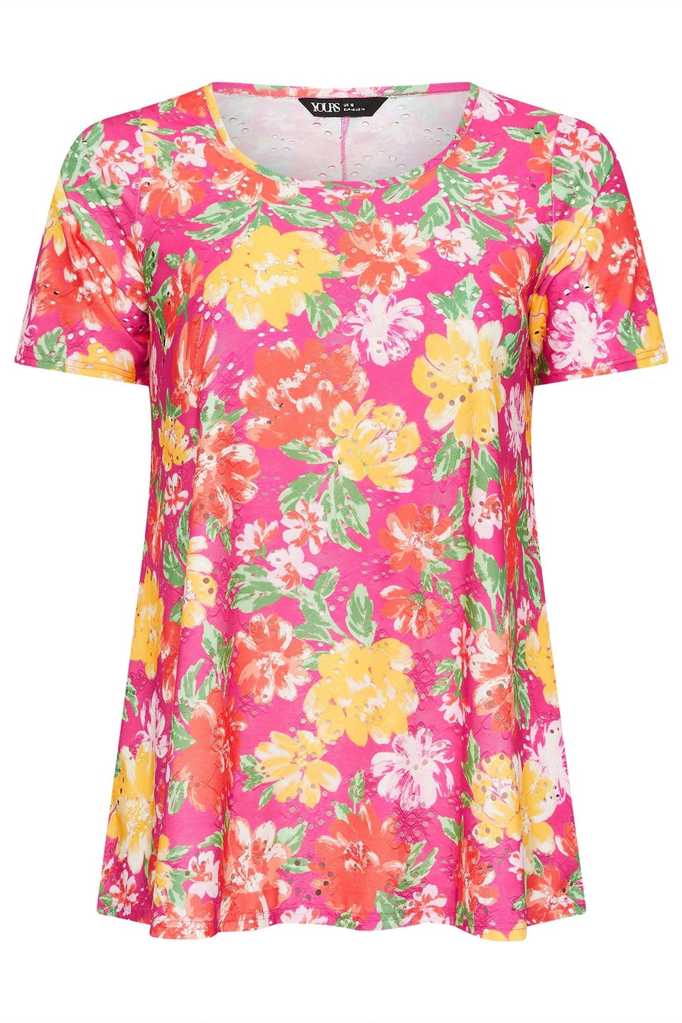 Yours Curve Hot Pink Floral Print Broderie Anglaise T-Shirt