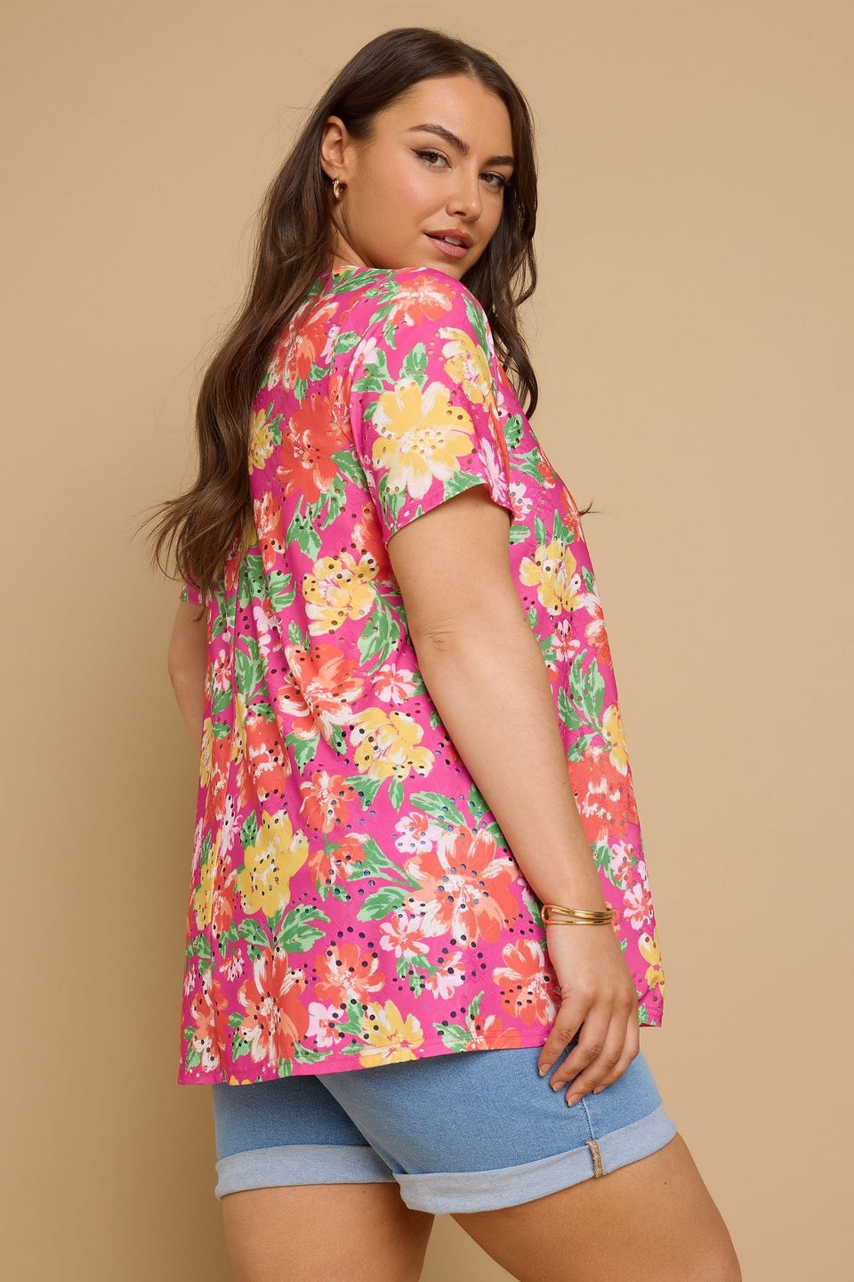 Yours Curve Hot Pink Floral Print Broderie Anglaise T-Shirt